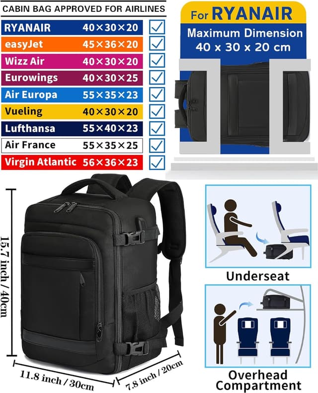 Detalle de KLOSTAIN Ryanair cabin bag 40x30x20 underseat 24L with laptop compartment (black)