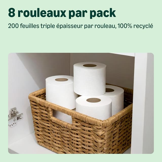 Detalle de Papier toilette by Amazon – 3 épaisseurs, 100% recyclé, 8 rouleaux (200 feuilles) – certifié FSC