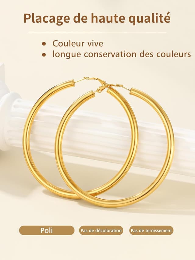 Detalle de FindChic Créoles en acier inoxydable pour femme (20/30/40/60/80 mm) – argenté, doré ou noir, fermoir à homard