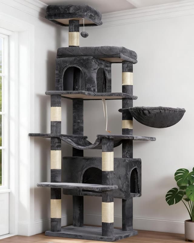 Detalle de Heybly Arbre à chat HCT016G : tour de grimpe multi-étagé de 145 cm avec plateformes et panier