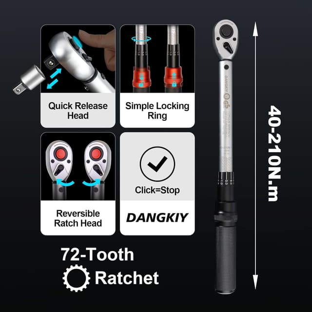 Detalle de DANGKIY Drehmomentschlüssel Auto & Motorrad (1/2 Zoll, 40–210 Nm) inkl. 125-mm Verlängerung, 3 Stecknüssen