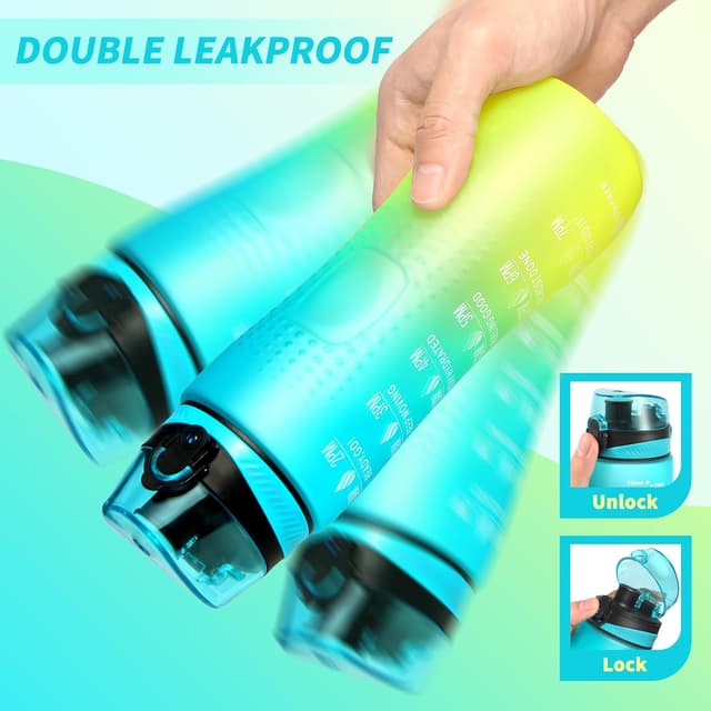 Detalle de Binudum Motivations-Trinkflasche mit Zeitmarkierung (Tritan, BPA-frei) Blau Gold, 750 ml