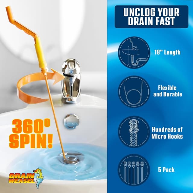 Detalle 2 de Flexisnake Drain Weasel Hair Clog Remover Kit with Rotating Handle and 5 Disposable Wands