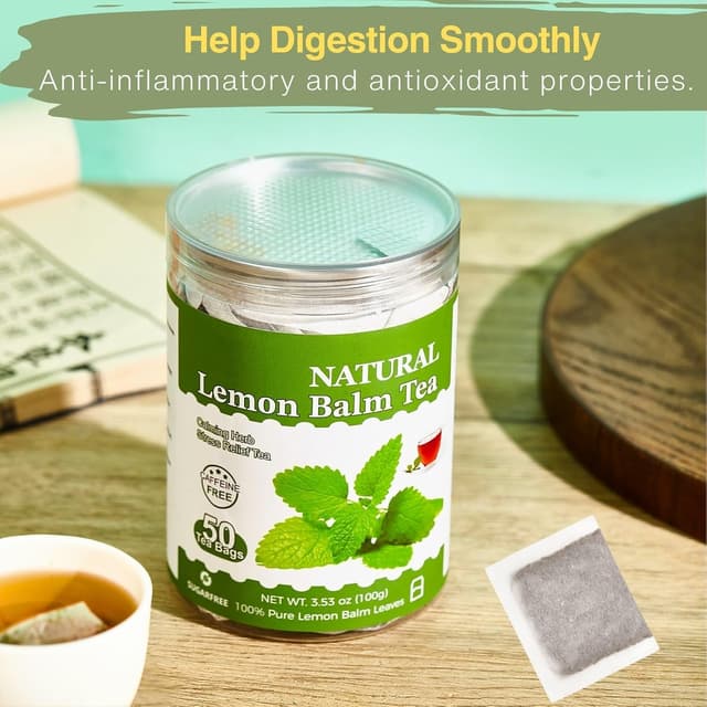 Detalle de Melissentee Beutel mit 50 Teebeuteln aus getrockneten Melissenblättern – koffeinfreier Kräutertee für heiß oder kalt