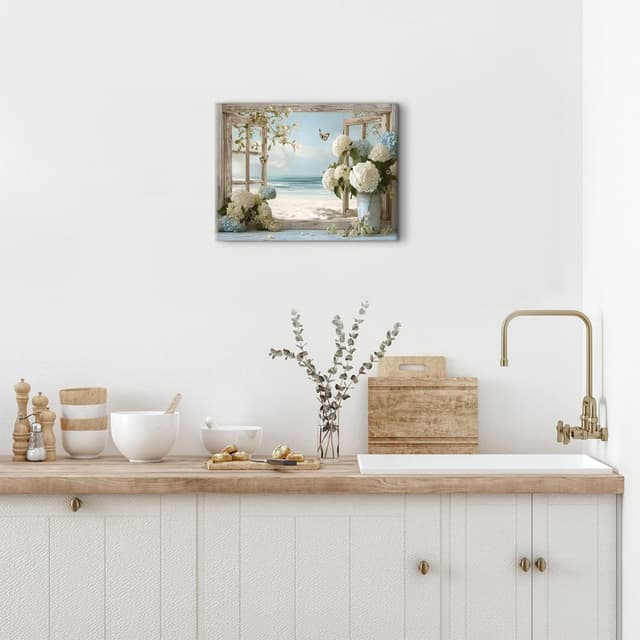 Detalle de Coastal Window Beach Wall Art Canvas – Blue Hydrangea Floral Seascape (12x16 inch, 1 panel)