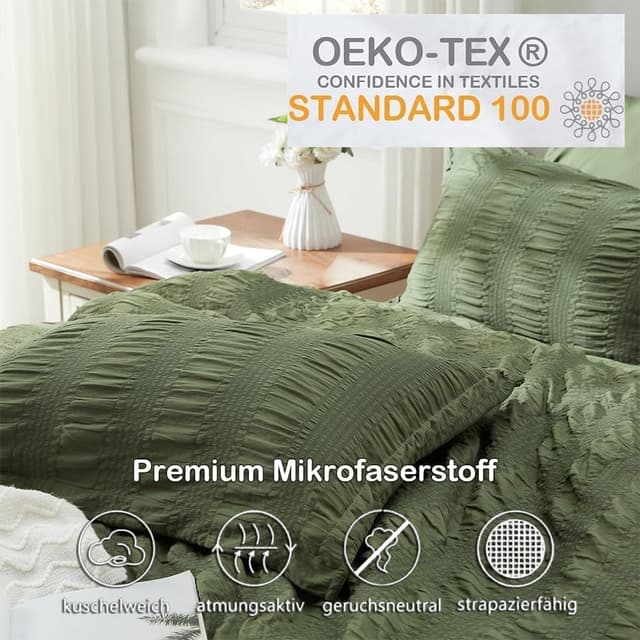 Detalle de Freyamy Seersucker Bettwäsche 135x200 cm (2-teilig) Olivengrün, geprägt Streifen, mit Reißverschluss