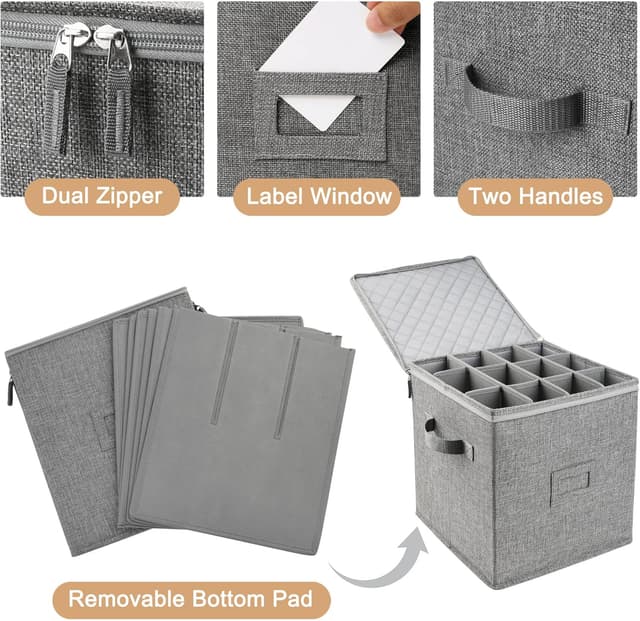 Detalle 1 de LotFancy Champagne Flute Storage Container (Hard Shell, Stackable) with Dividers & Handles, Grey