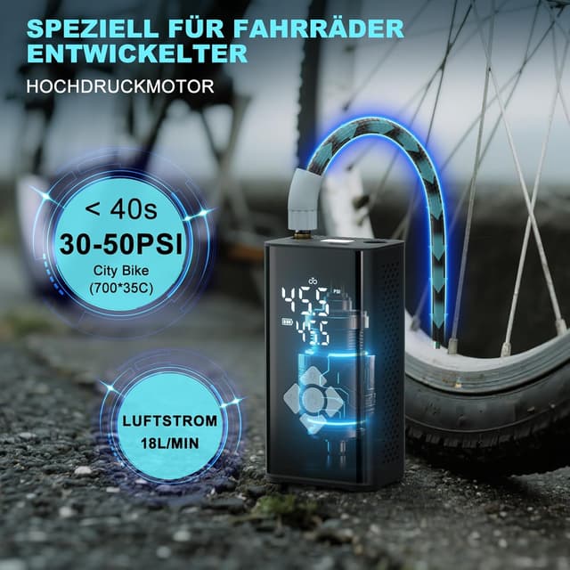 Thumbnail 6 de TECHCYC Elektrische Luftpumpe Fahrradpumpe 150 PSI – Mini-Kompressor mit Auto-Stopp, LED-Licht & USB-C-Akkupower