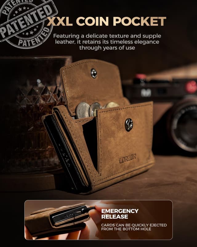 Detalle de LORZOR Airtag Wallet with XXL Coin Pocket – Slim Genuine Leather Card Holder with RFID Blocking