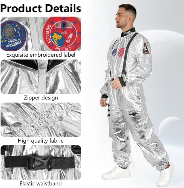Detalle de AUYAO Astronaut Kostüm Herren Silber – Astronautenoverall für Erwachsene (unisex) für Halloween, S–XL