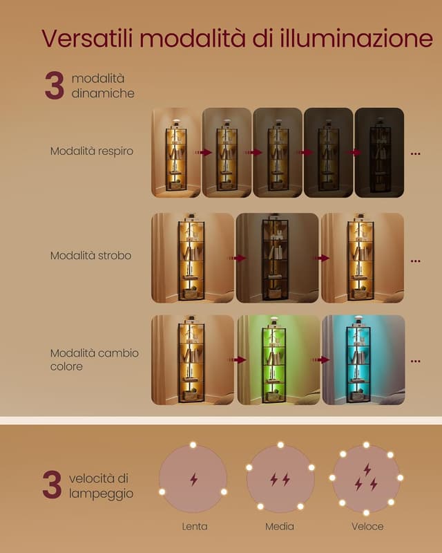 Detalle de VASAGLE scaffale angolare a 5 ripiani con luci LED a 7 colori LBC590K02, marrone vintage