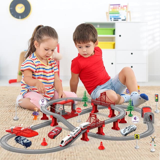 Thumbnail 6 de XIAPIA 104-piece electric train set with magnetic track pieces, tunnel/bridge and police-theme vehicles (age 3+)