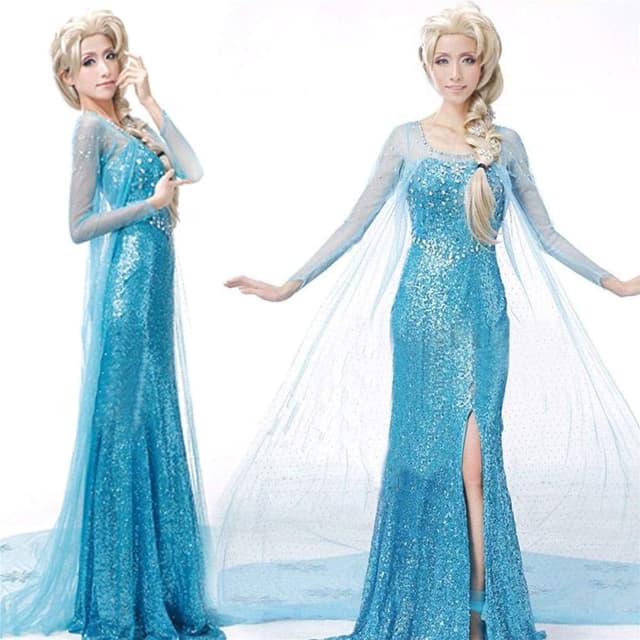 Detalle 2 de YOSICIL Damen Prinzessin ELSA Kleid (Eiskönigin) – blaues Cosplay-/Festkleid, S-2XL