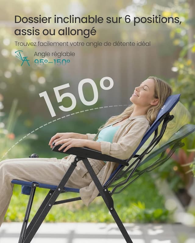 Detalle de SONGMICS Chaise de camping pliable bleue GCB015QZ01 avec dossier inclinable 95°–150°