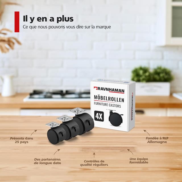 Thumbnail 6 de RAVN HAMAN : jeu de 4 roulettes pivotantes de meuble (30 mm) avec freins, jusqu’à 10 kg par roue