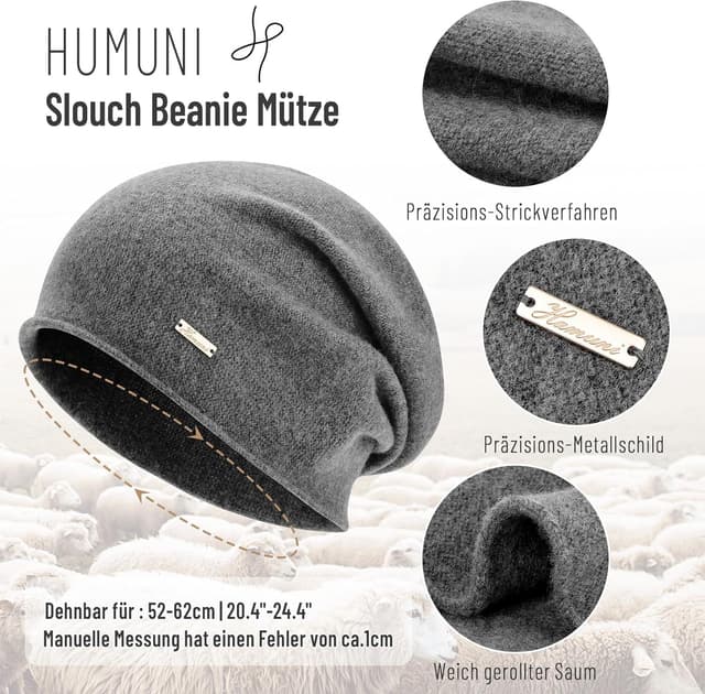 Detalle de HAMUNI Wollmütze Beanie 100% Wolle 52–62 cm