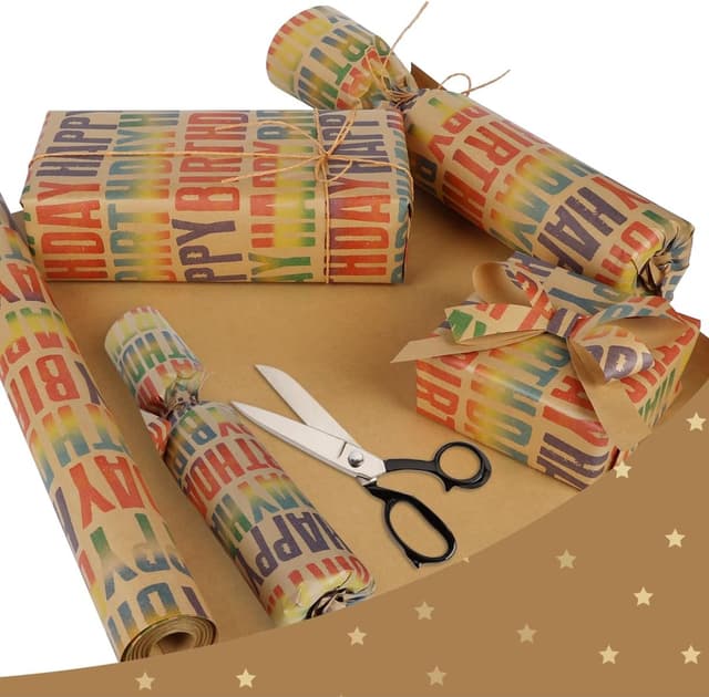 Detalle de HBell Happy Birthday wrapping paper roll (15m) with kraft design, recyclable gift wrap