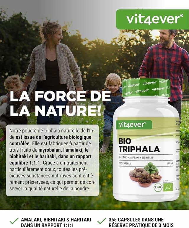 Detalle 2 de Triphala Bio haute dose 2000 mg (500 mg par capsule) – 365 capsules, poudre indienne Haritaki Amalaki Bibhitaki (végane)