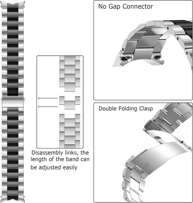 Detalle de Anlinser No Gap Bands Stainless Steel 20mm Metal Strap for Samsung Galaxy Watch 7/6/5/4 Series (Silver-Black)