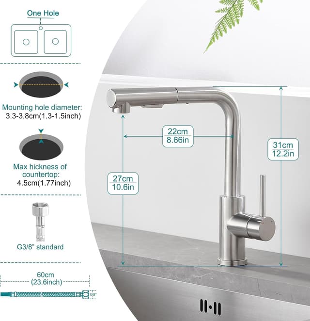 Thumbnail 6 de WOOHSE Niederdruck Küchenarmatur mit ausziehbarer Brause, 2 Modi und 360° Drehung aus Edelstahl (gebürstet)