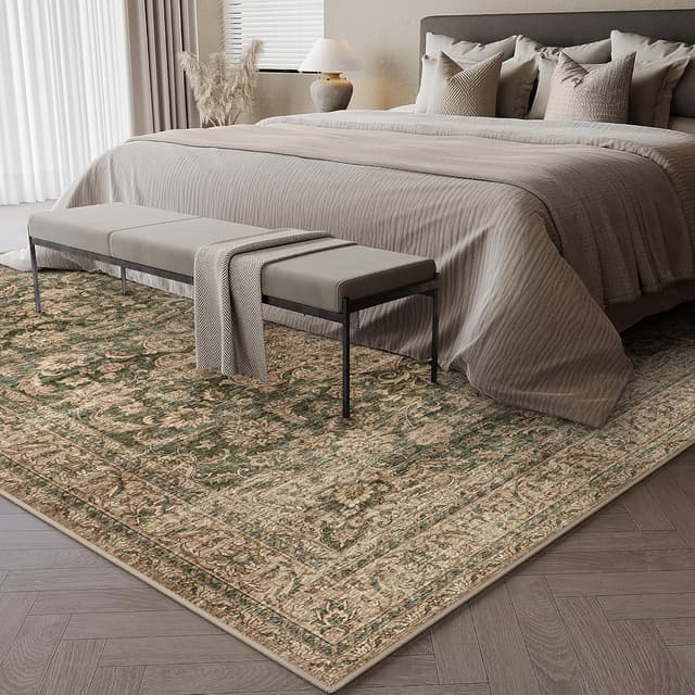 Detalle de HUGEAR Vintage Style Green Large Area Rug (240x300cm) with Non-Slip TPR Backing