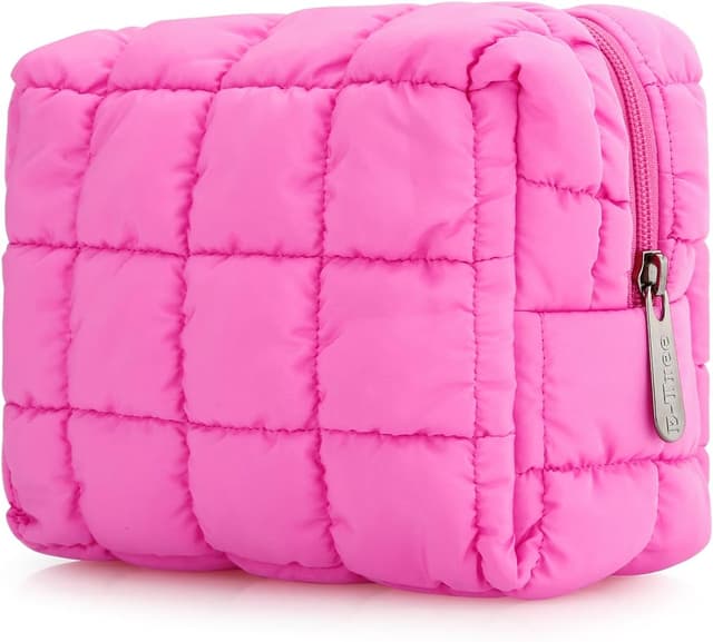 Detalle de E-Tree Quilted Cute Makeup Bag (Checkered, Hot Pink) for Purse & Travel Essentials