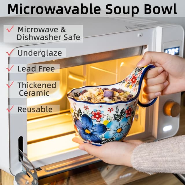 Detalle de ALMA 18oz Microwavable Soup Bowl with Loop Handle (Handpainted Ceramic)