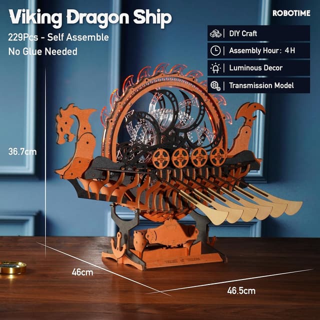 Thumbnail 6 de Robotime LK802 Viking Dragon Ship 3D wooden model kit with motor and LED light