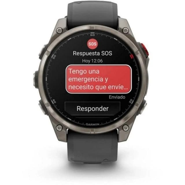 Detalle 2 de Garmin Fenix 8 Pro LTE/NTN satelital 47 mm AMOLED de titanio con correa de silicona negra/gris