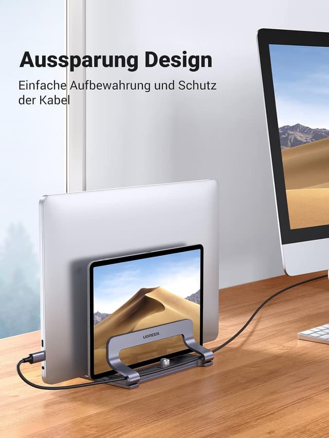 Detalle de UGREEN Aluminium vertikaler Laptop-Ständer mit 2 Slots – platzsparende Halterung für MacBook, iPad & mehr