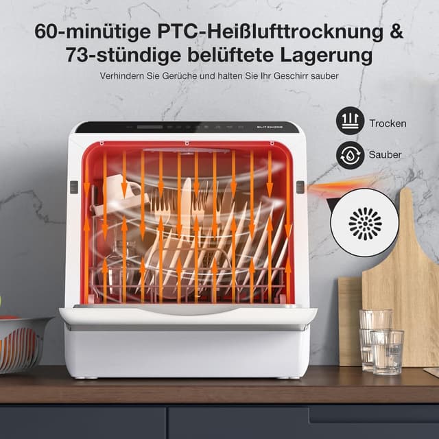 Detalle de BLITZHOME Mini Spülmaschine (6 Programme) mit App-Steuerung und 5-Liter-Wassertank – tragbarer Tischgeschirrspüler
