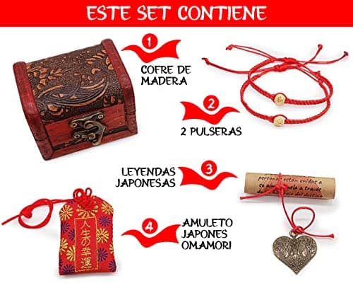 Detalle de AMOR CON PALABRAS Pulseras La Leyenda del Hilo Rojo del Destino con cofre, amuleto Omamori y símbolo de amor