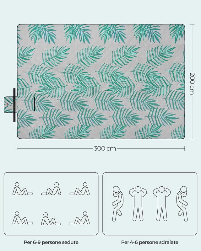 Detalle de SONGMICS Coperta Picnic 300 x 200 cm pieghevole impermeabile con fondo in alluminio (motivo a felce verde) GCM083C02