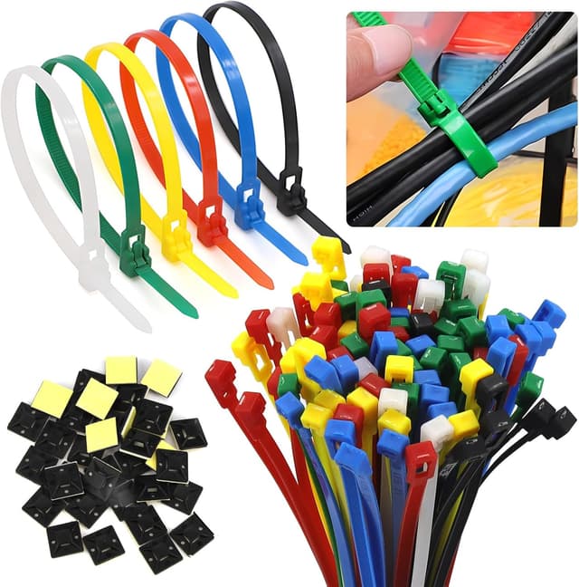 Detalle de Wiederverschließbare Kabelbinder Bunt Set 300 x 5 mm (lösbar) inkl. 50 Klebesockel – 100 Stück