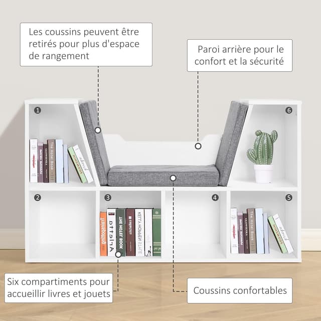 Detalle de HOMCOM bibliothèque-banc 2 en 1 avec coussins de siège et étagère cube 6 compartiments gris
