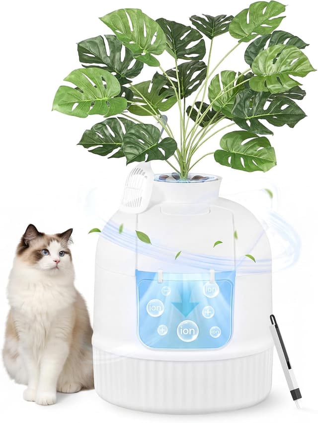 Detalle de Meuble litière pour chat Feandrea avec fausse plante, porte basculante et filtre à charbon (blanc nuage) PPT006W101