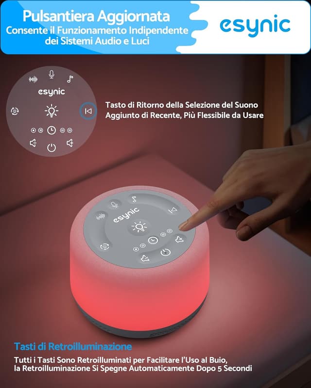 Detalle de eSynic Rumore Bianco per Neonato con Luce Notturna 7 Colori, Timer e Suoni Ricaricabile