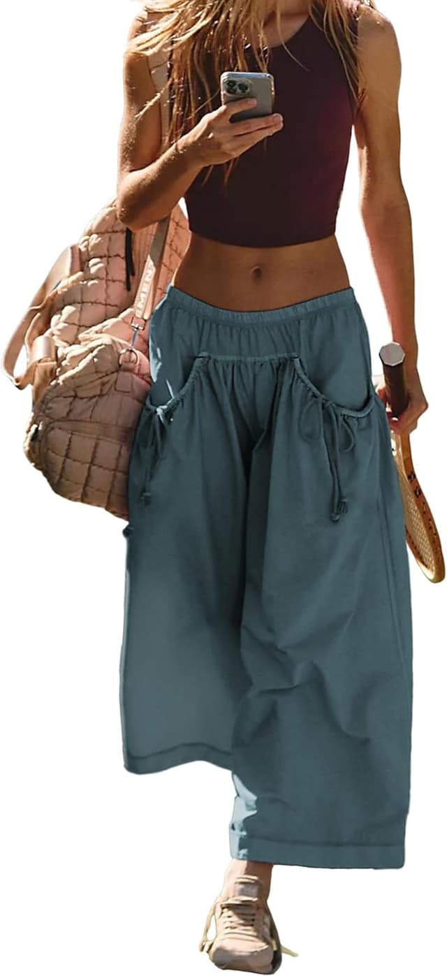 Detalle de Hooever Women’s Loose Wide-Leg Track Pants with Drawstring & Pockets