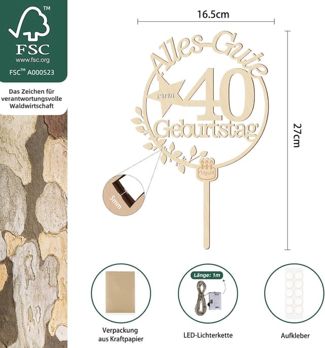 Thumbnail 1 de Giftota Cake Topper 40. Geburtstag Holz