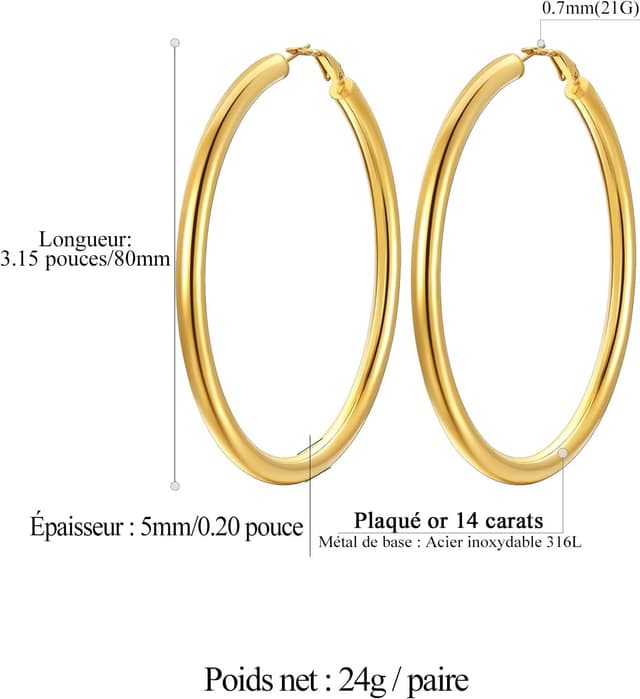 Detalle de FindChic Créoles en acier inoxydable pour femme (20/30/40/60/80 mm) – argenté, doré ou noir, fermoir à homard