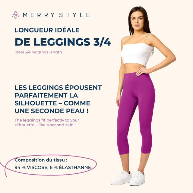 Detalle de Legging femme 3/4 Merry Style en viscose – pantacourt confortable pour sport, yoga et cyclisme