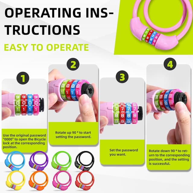 Detalle de SPGOOD Fahrradschloss mit Zahlenkombination für Kinder (4-stellig, 10 x 650 mm) – Kabelschloss für Fahrrad, Roller & Co. (Rosa)