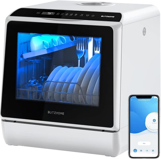 Detalle de BLITZHOME Mini Spülmaschine (6 Programme) mit App-Steuerung und 5-Liter-Wassertank – tragbarer Tischgeschirrspüler