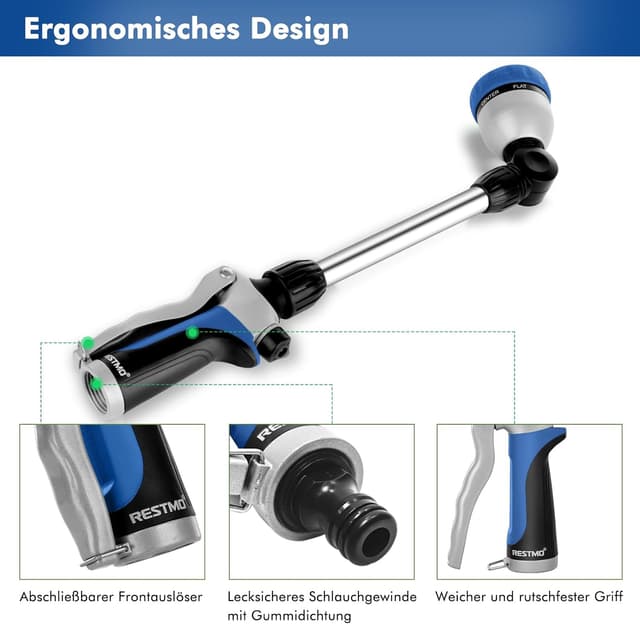 Detalle de RESTMO Garten-Gießstab Metall 42 cm mit 180° schwenkbarem Kopf und 7 Sprühbildern (Blau)