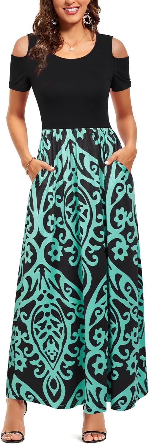 Detalle de STYLEWORD Robe longue d’été pour femme à manches courtes et motif floral, avec poches