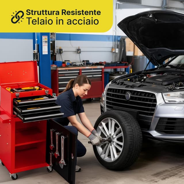 Detalle de DAIMANN carrello porta attrezzi professionale con 3 cassetti scorrevoli e armadietto con serratura (rosso)