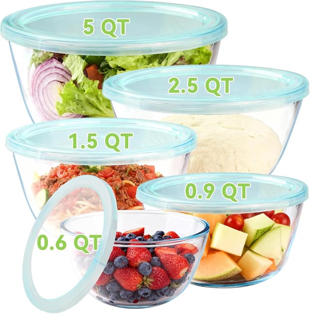 Detalle de YUANYE 5 Pack Glass Mixing Bowls with Lids Set (5/2.5/1.5/0.9/0.6QT) with Nesting Design