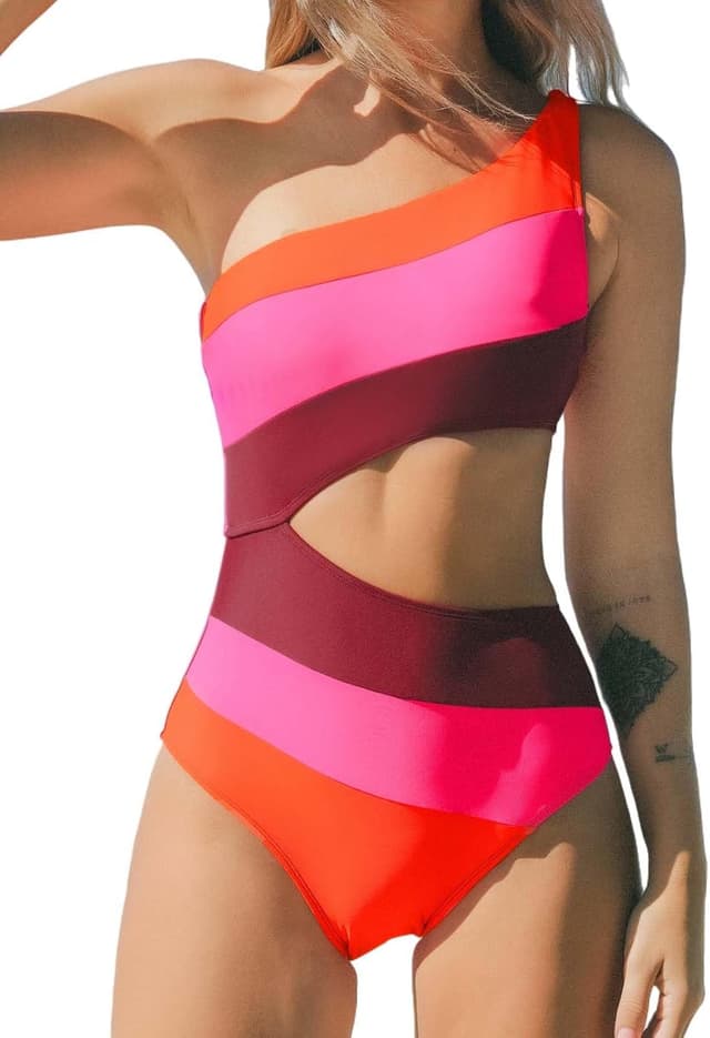 Detalle de Costume da bagno intero donna CUPSHE a monospalla con ritagli a blocchi di colore