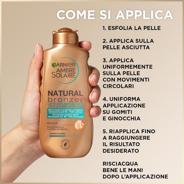 Detalle 1 de Garnier Ambre Solaire Latte Autoabbronzante Natural Bronzer: effetto naturale in 1 ora, 200 ml