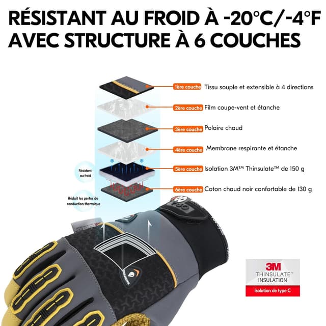 Detalle de Gants de travail d’hiver Vgo… pour mécanicien (jusqu’à -20 °C), imperméables et tactiles – Gris, XL